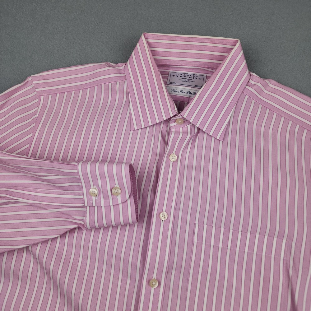 Charles Tyrwhitt Shirt Mens 16.5 33 Pink Stripe Non Iron Slim Dress Button Up